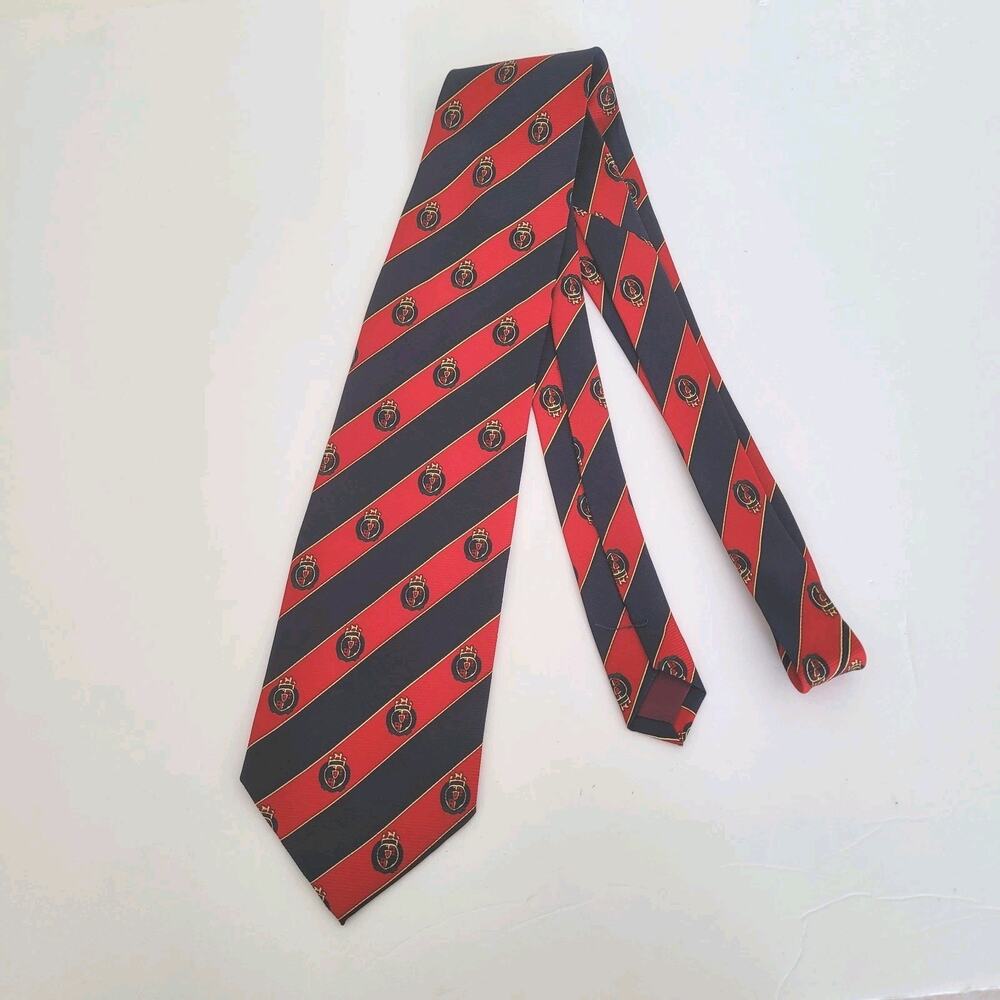 Rene Chagal Men's‎ Neck Tie Handmade Silk Red Blue Crest Stripped Dark Academia